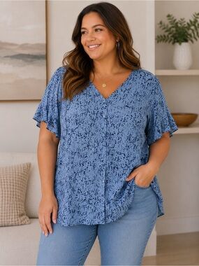 Monday Fun Blue Button-Front Flutter Sleeve Blouse - 2X
